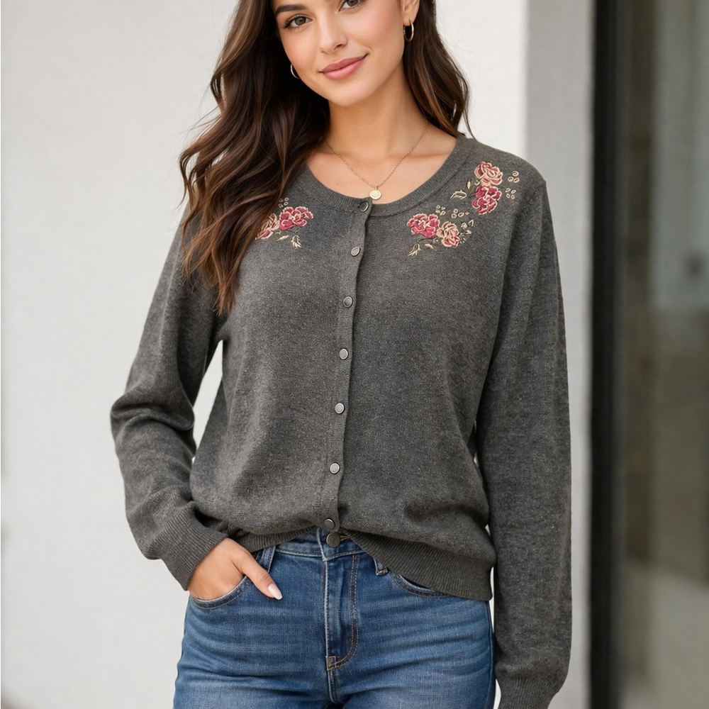 ✨Charcoal Floral Embroidered Button-Front Cardigan